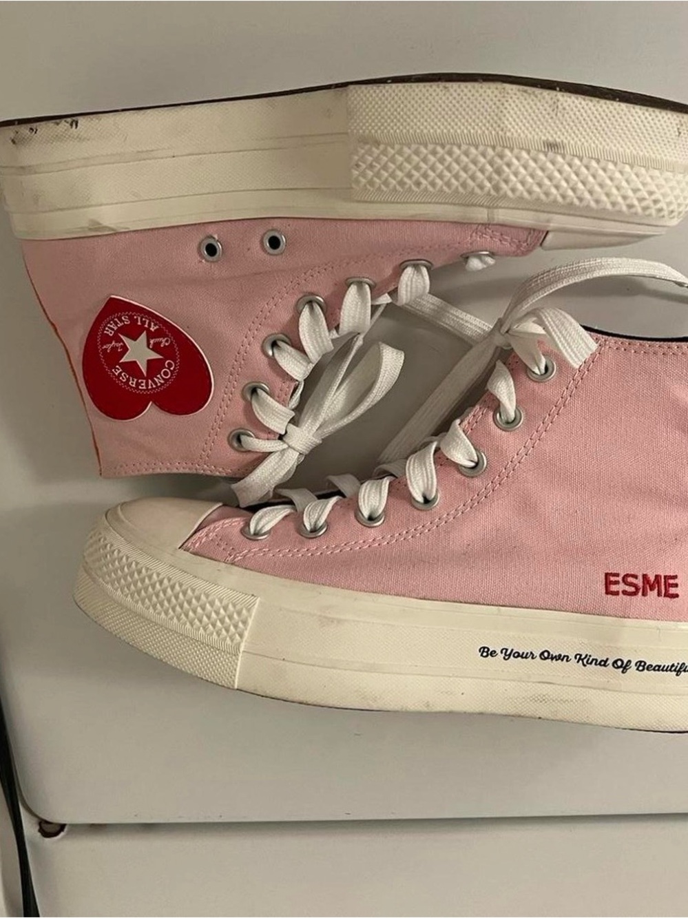 Converse Pink High-Top Platform Sneakers with Heart Patch - Picture 4 of 4
